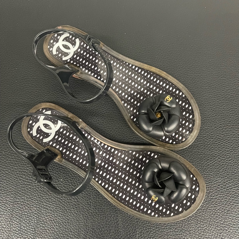 Chanel Black Interlocking CC Logo Rubber Slingback Sandals
